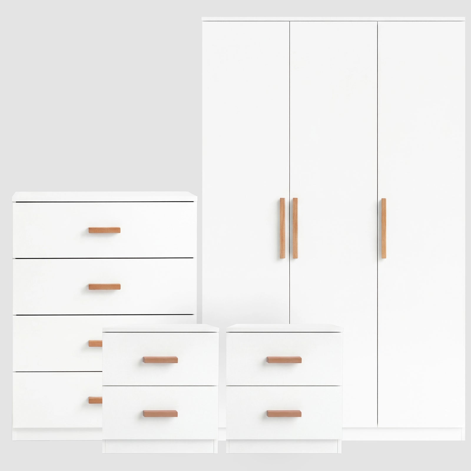 [White] Blythe bedroom furniture set on grey backdrop with 3 door wardrobe 4 drawer chest and two 2 drawer bedsides