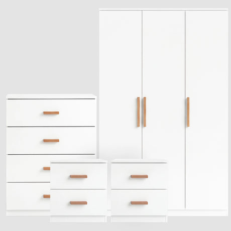 [White] Blythe bedroom furniture set on grey backdrop with 3 door wardrobe 4 drawer chest and two 2 drawer bedsides