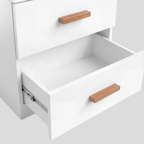 [White] Blythe bedroom furniture set bedside with lower drawer open showing wood tab handle detail