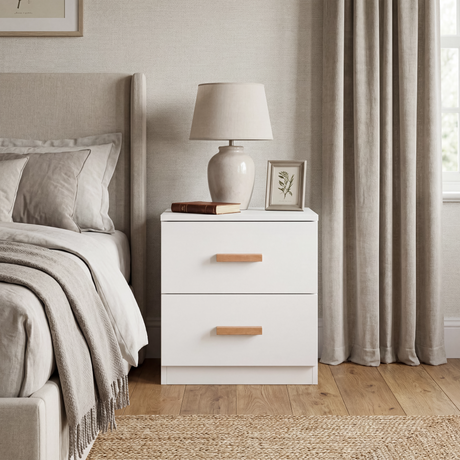 [White] Blythe bedroom furniture set 2 drawer bedside beside bed with table lamp and framed photo on top