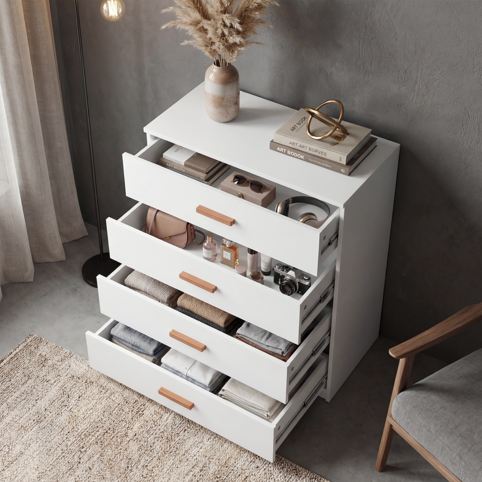 [White] Blythe bedroom furniture set chest showing four open drawers stacked with folded clothing inside