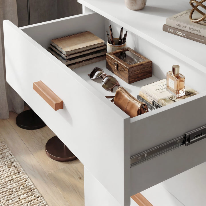 [White] Blythe bedroom furniture set chest top drawer containing books purse and wooden trinket box