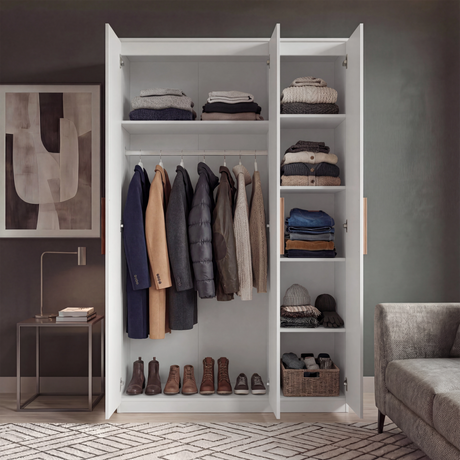 [White] Blythe bedroom furniture set wardrobe showing internal rail shelves and base shoe storage