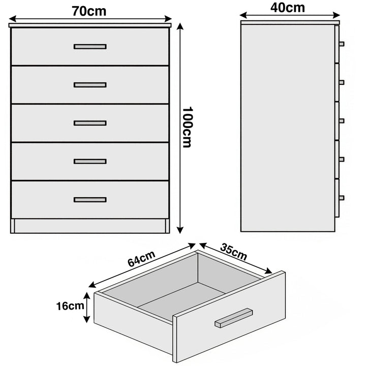 [White] Blythe five drawer chest dimensions: 70cm wide, 40cm deep, 100cm tall overall on the schematic