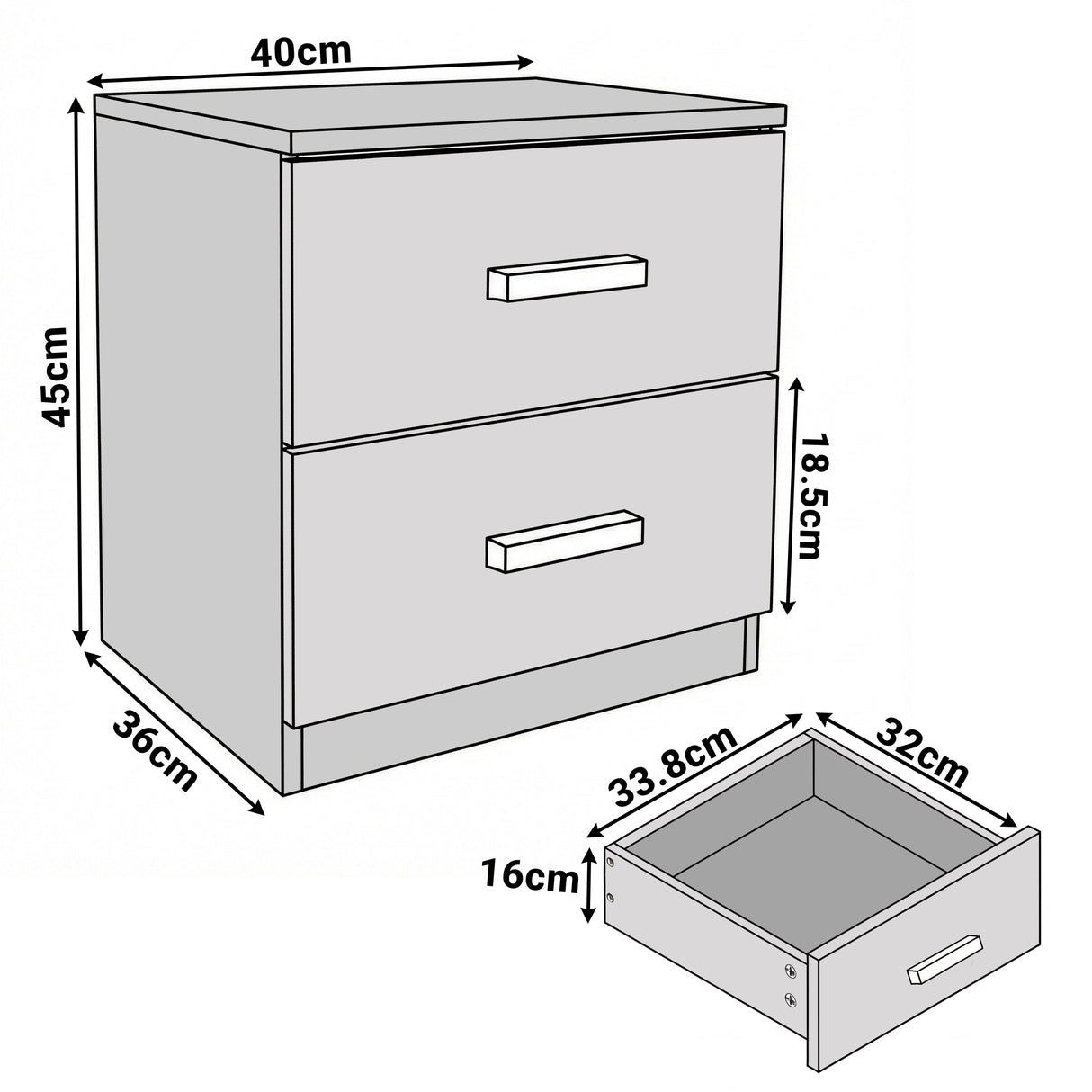 [Ash Grey] Dimension diagram of bedside table showing 40cm width 36cm depth and 45cm height with drawer detail 33.8x32x16cm