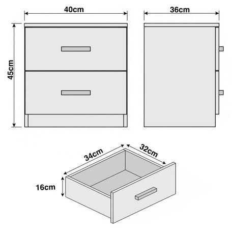[Ash Grey] Dimension diagram of bedside table showing 40cm width 36cm depth and 45cm height with drawer detail 33.8x32x16cm
