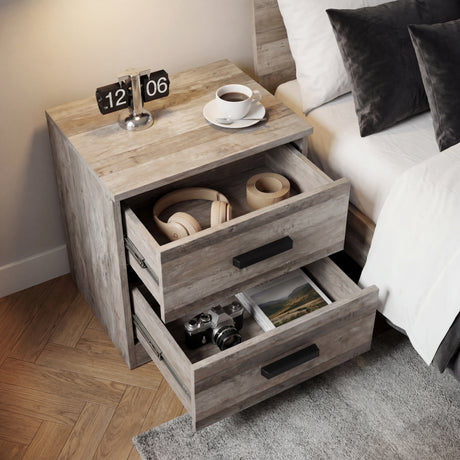 [Ash Grey] Both drawers open on bedside table showing internal storage with glasses notebooks wallet and everyday items