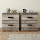 [Ash Grey] Pair of 2 drawer bedside tables with black bar handles on jute rug with books clock and terrarium on top
