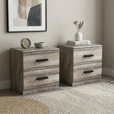 [Ash Grey] Pair of bedside tables in warm room with brass clock ceramic bowl and dried flowers styled on natural rug