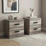 [Ash Grey] Pair of bedside tables in warm room with brass clock ceramic bowl and dried flowers styled on natural rug