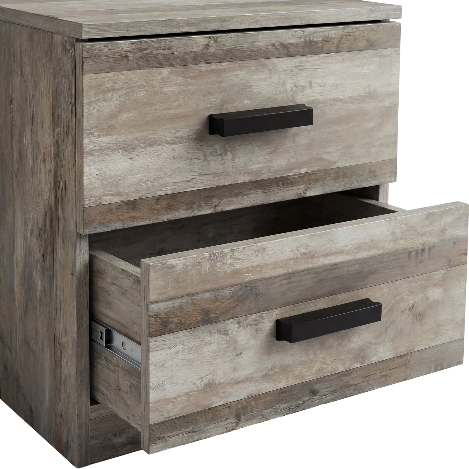 [Ash Grey] Two drawer bedside table in ash wood grain finish with lower drawer open showing black horizontal handles