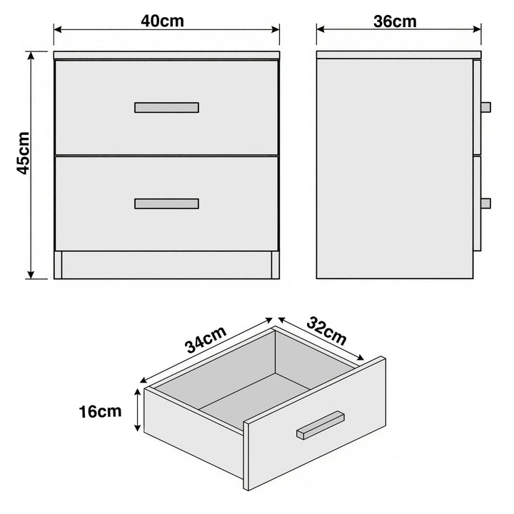 [Black] Dimension diagram showing bedside table 40cm wide 36cm deep 45cm tall with drawer size 33.8x32x16cm