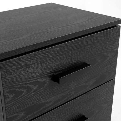 [Black] Handle detail on black drawer front displaying dark wood grain pattern and integrated pull design