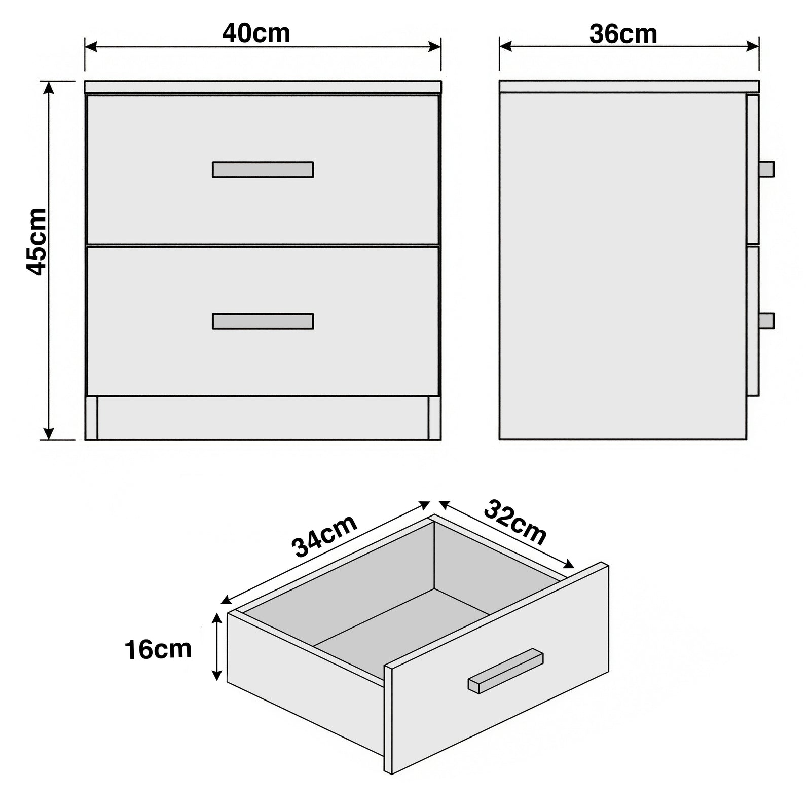 [Dark Bronx] Dimension diagram showing bedside table 40cm wide 36cm deep 45cm tall with drawer size 33.8x32x16cm