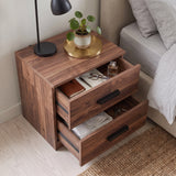 [Dark Bronx] Dark wood nightstand with both drawers open showing internal storage compartments and black handles