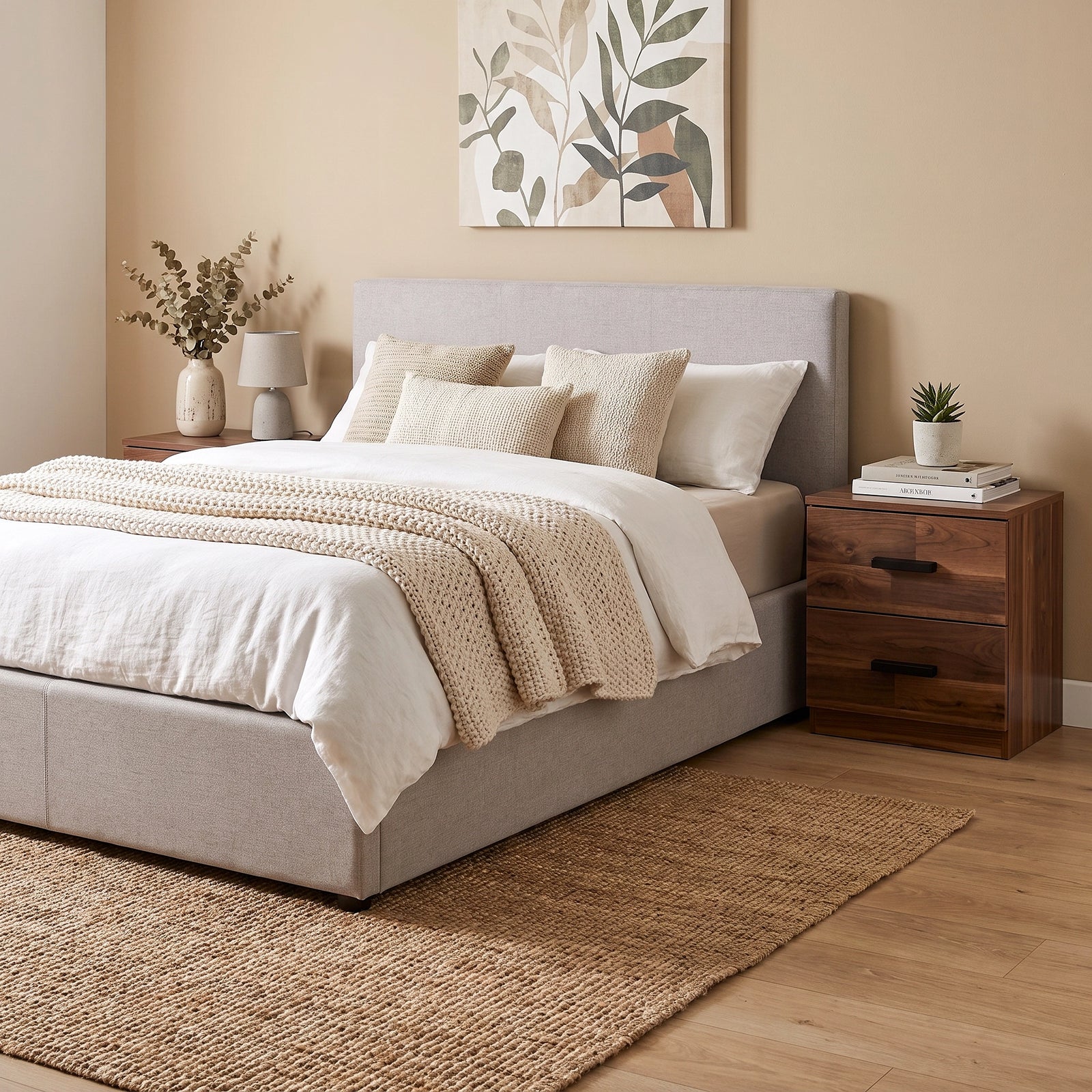 [Dark Bronx] modern bed with a light gray upholstered frame and headboard, dressed in white and beige bedding, styled in a warm neutral bedroom with a dark wood nightstand, woven rug, and botanical wall art.