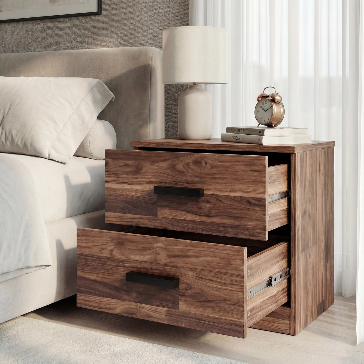 [Dark Bronx] Dark Bronx bedside table beside bed in bedroom setting with drawers open and lamp on neutral wall