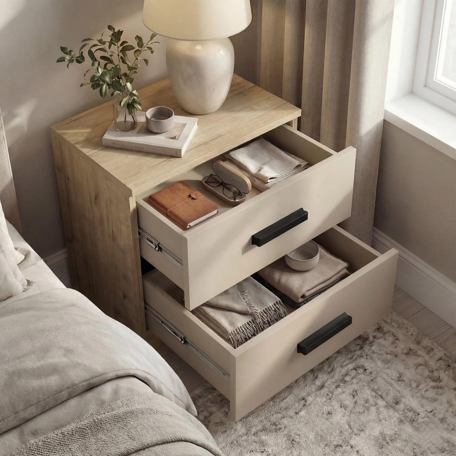 [Oak Cashmere] Open drawers of oak bedside table revealing folded items, lamp and dish remain on the oak top