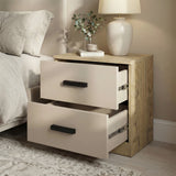 [Oak Cashmere] Bedroom view of bedside table with both drawers pulled open beside bed, ceramic lamp and stems on top
