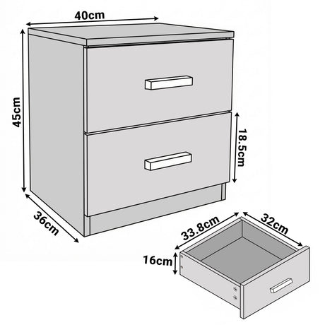 [Walnut] Dimension diagram showing bedside table 40cm wide 36cm deep 45cm tall with drawer size 33.8x32x16cm