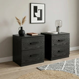 [Black] Side angle of bedside table pair showing wood grain texture and bar handles with pampas vase and dome lamp on top