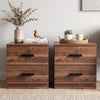[Dark Bronx] Two drawer nightstands with dark metal handles, styled in a bright room with plants, a vase of dried flowers, and a small basket on top.
