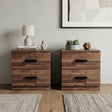 [Dark Bronx] Two two-drawer bedside tables side by side, ceramic lamp and books on left, succulent planter on right