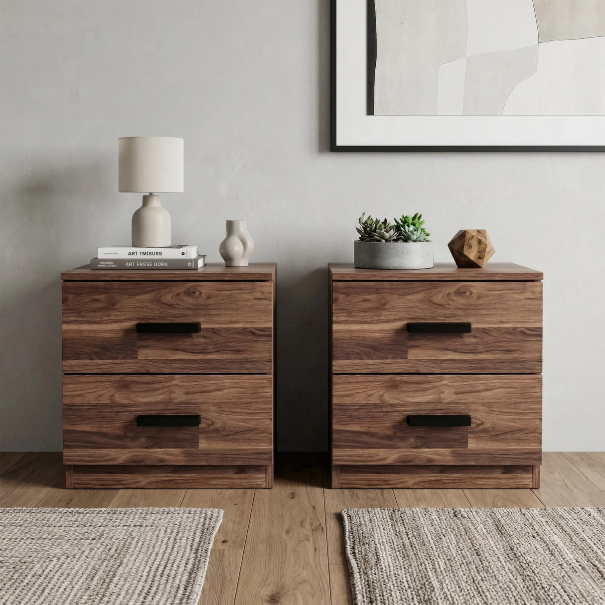 [Dark Bronx] Two two-drawer bedside tables side by side, ceramic lamp and books on left, succulent planter on right