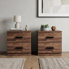 [Dark Bronx] Two two-drawer bedside tables side by side, ceramic lamp and books on left, succulent planter on right