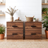 [Dark Bronx] Two drawer nightstands with dark metal handles, styled in a bright room with plants, a vase of dried flowers, and a small basket on top.
