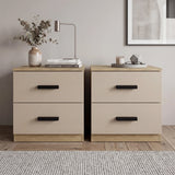 [Oak Cashmere] Pair of two drawer bedside tables side by side on woven rug with copper lamp and eucalyptus left, books right