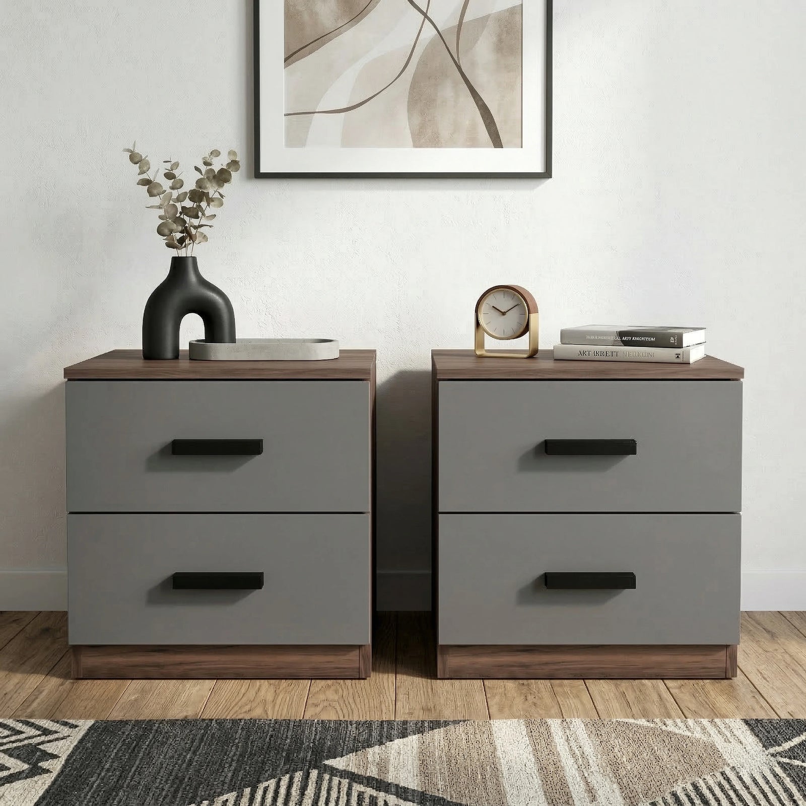 [Walnut Grey] Pair of two drawer bedside tables with walnut tops and grey drawer fronts and black bar handles styled front on