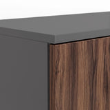 [Walnut] Blythe 2 Door Wardrobe with Shelves and Hanging Rail close-up view grey top and walnut wood-grain door corner.