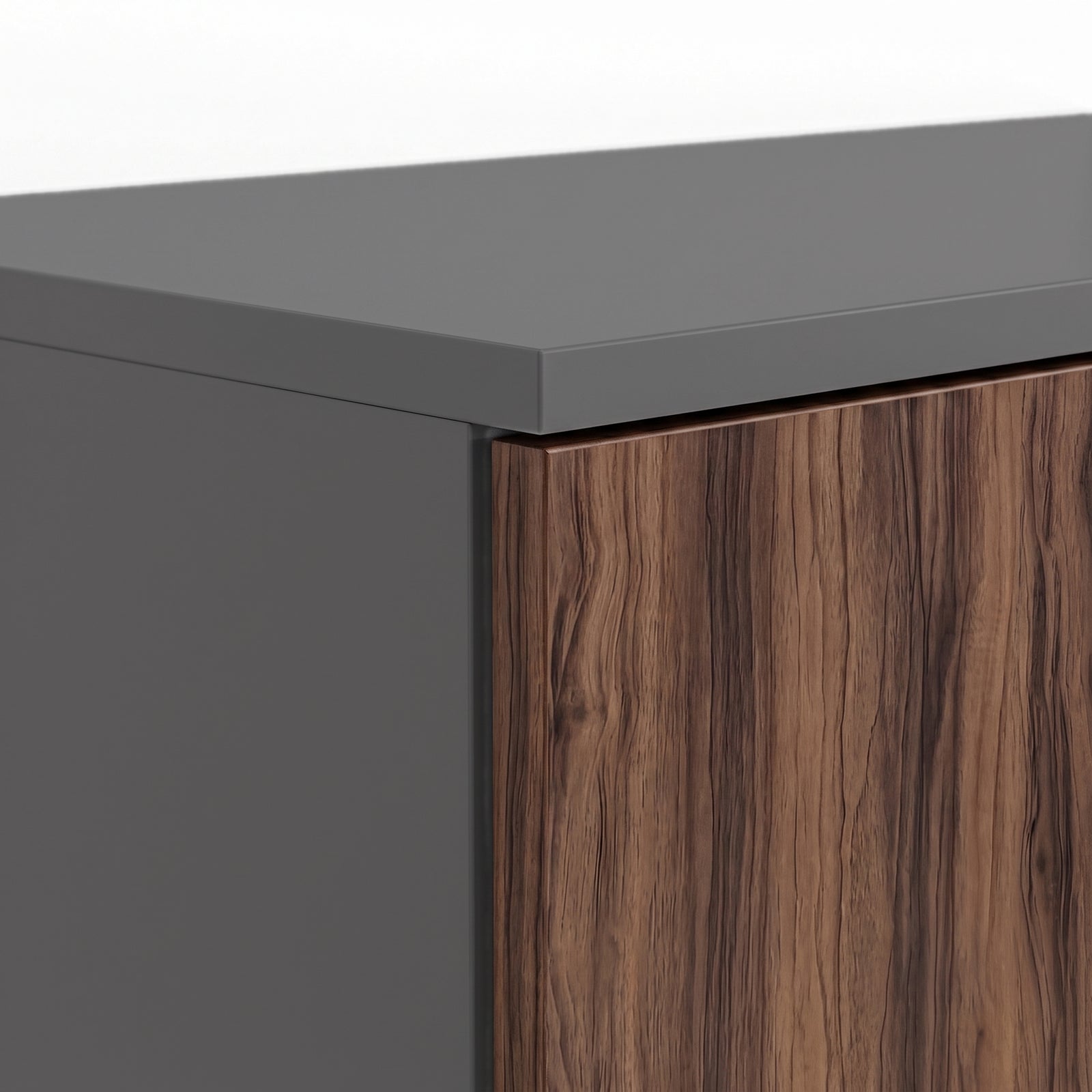 [Walnut] Blythe 2 Door Wardrobe with Shelves and Hanging Rail close-up view grey top and walnut wood-grain door corner.