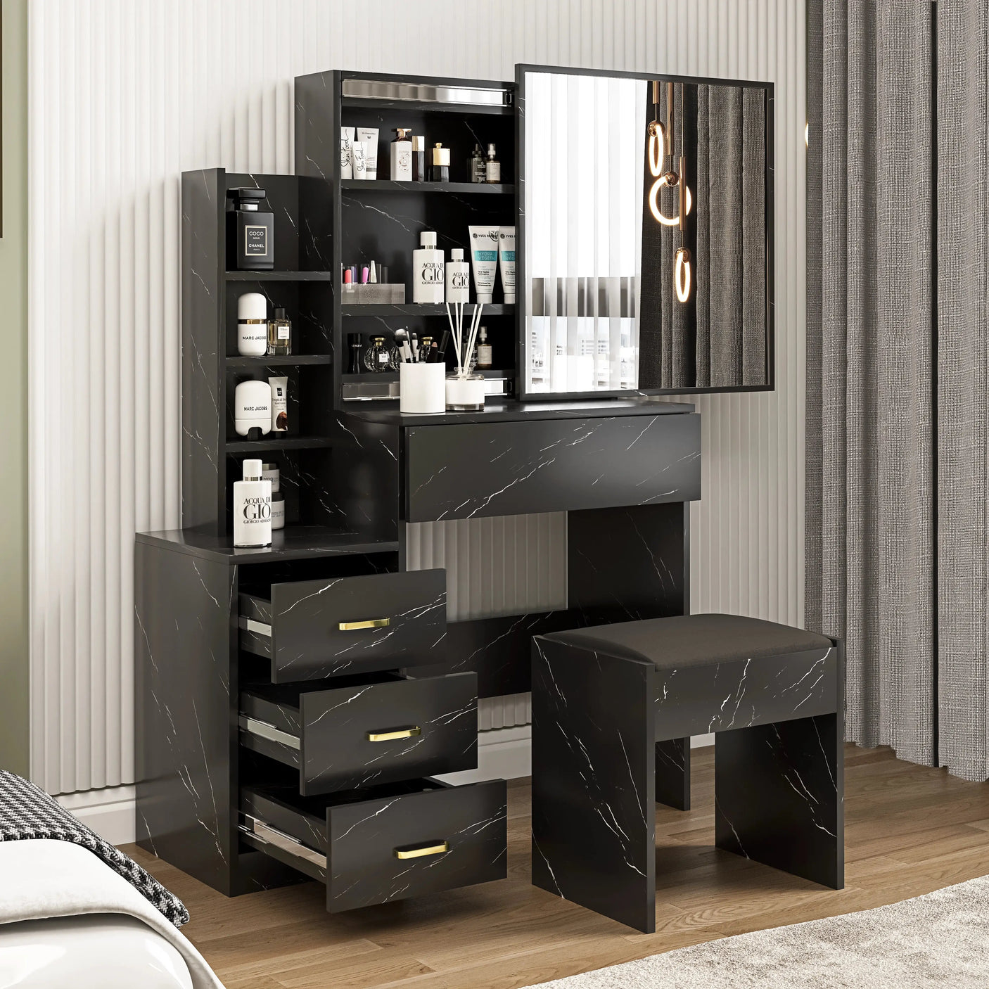 Black dressing table with marble-effect finish, mirror, and stool. Includes multiple drawers and shelves for makeup and skincare storage.