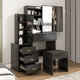 Black dressing table with marble-effect finish, mirror, and stool. Includes multiple drawers and shelves for makeup and skincare storage.