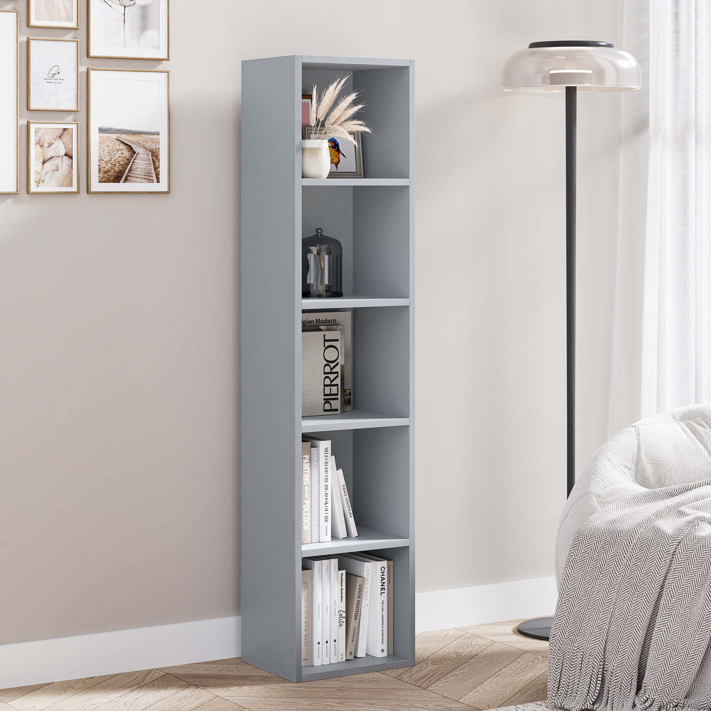 Grey 5 Tier Bookcase Cube Storage Unit in a cozy room setting, offering vertical storage for books and decor.