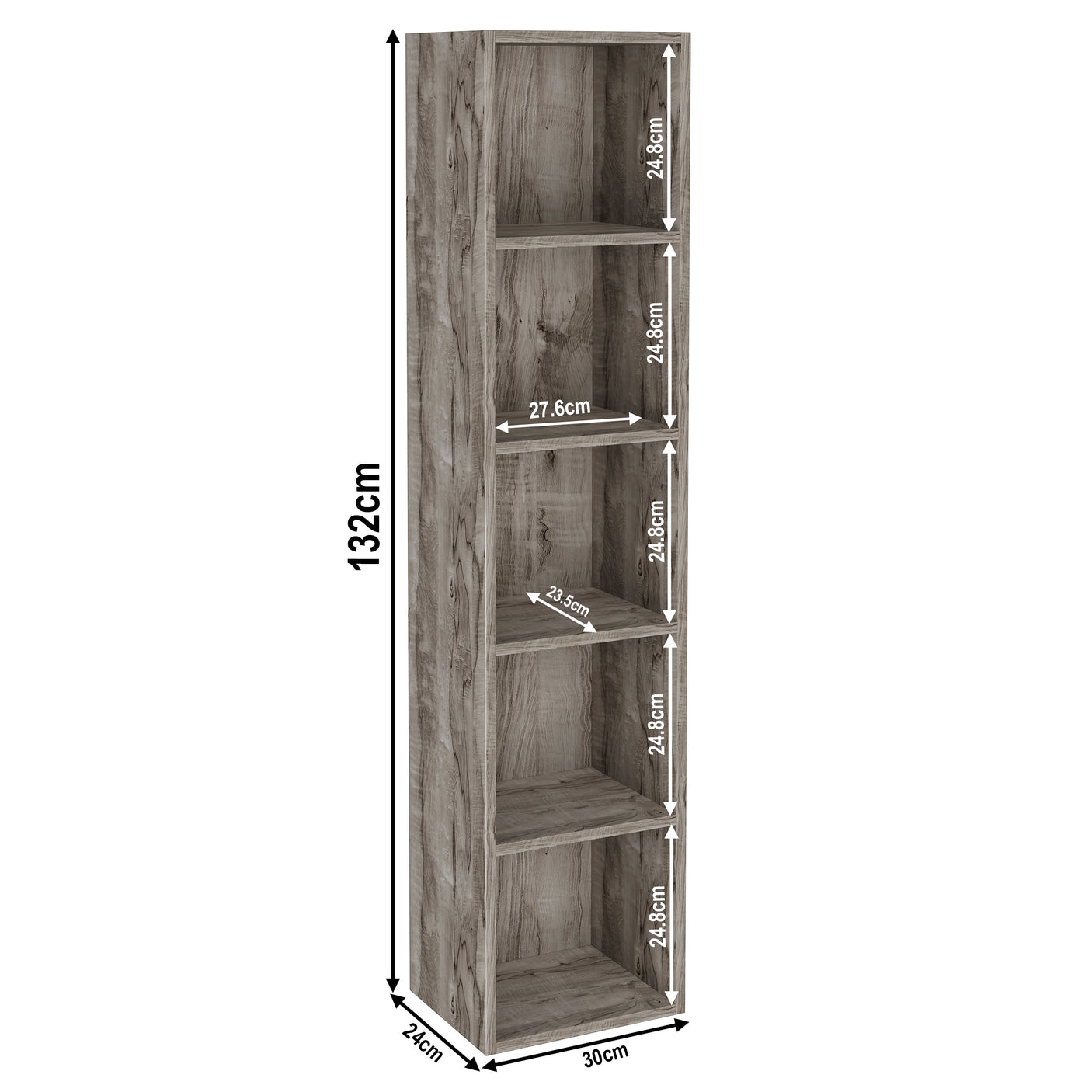 Dimensions of rustic wood 5 Tier Bookcase Cube Storage Unit, 132cm tall and 30cm wide for vertical storage.