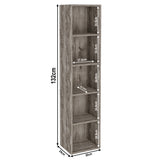 Dimensions of rustic wood 5 Tier Bookcase Cube Storage Unit, 132cm tall and 30cm wide for vertical storage.