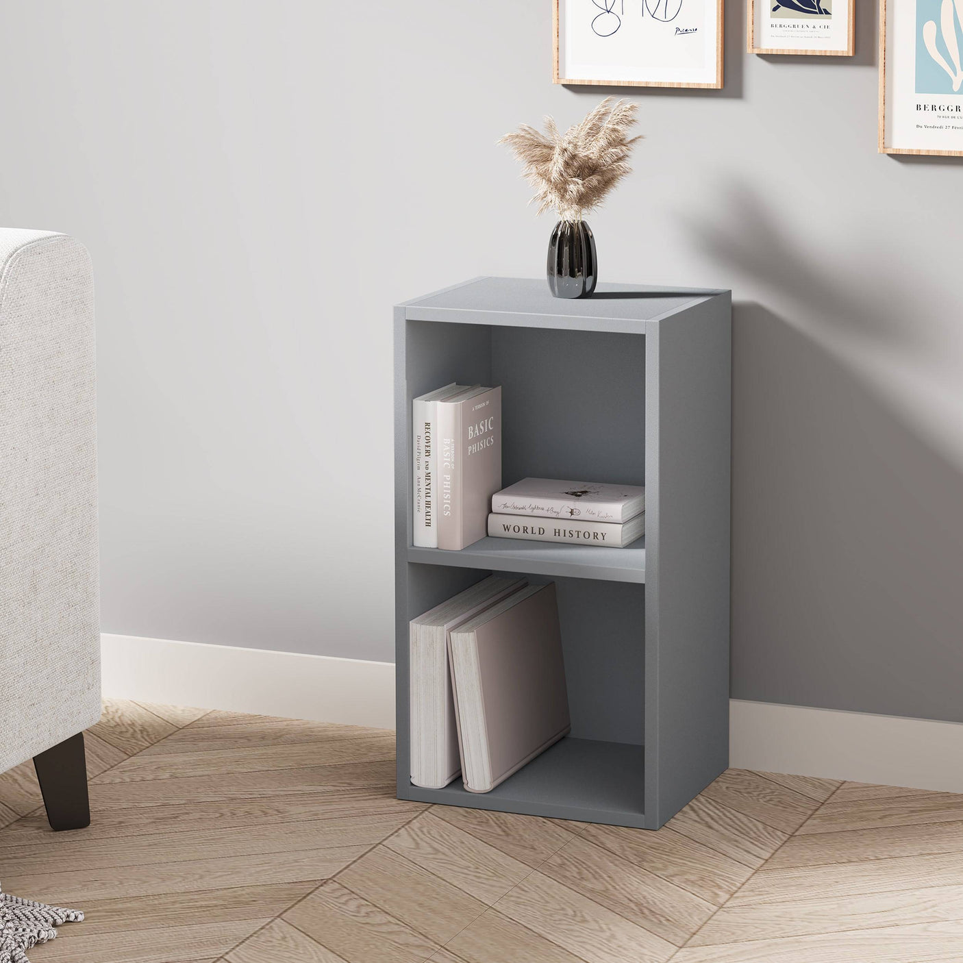 Narrow grey Blisswood bookcase with 2 shelves, ideal for small living rooms or study areas.