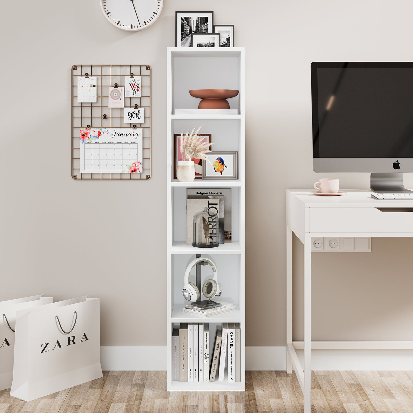Tall white narrow bookshelf with 5 cube tiers, placed beside a desk for organized home office storage and decor display.