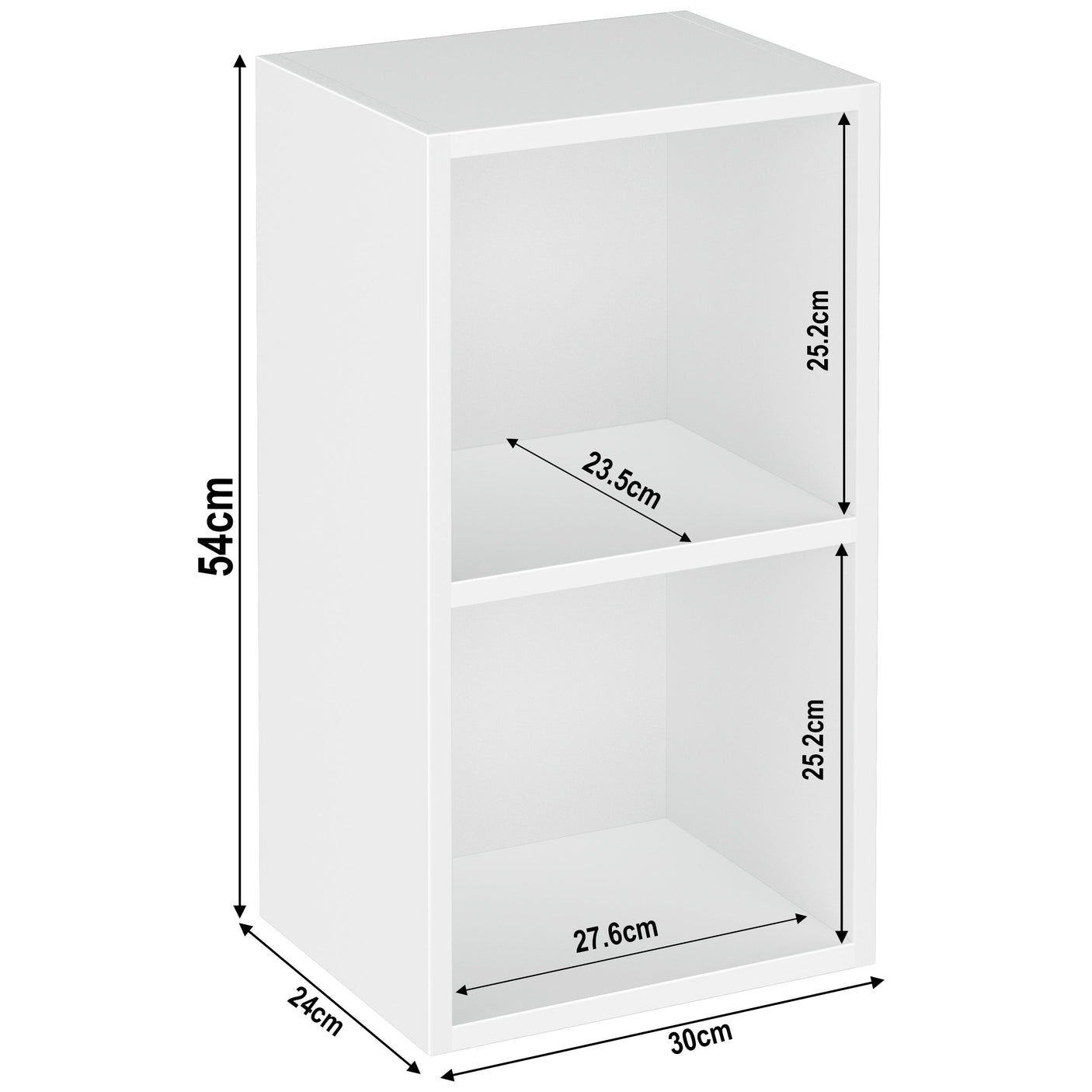 Dimensions of Blisswood 2 shelf bookcase in white, showing compact size ideal for small spaces.