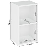 Dimensions of Blisswood 2 shelf bookcase in white, showing compact size ideal for small spaces.