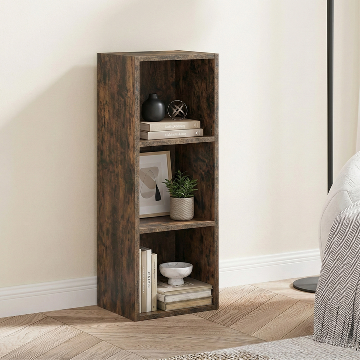 [3 Shelf | Rustic] three-quarter shot of three-cubby half-height rustic cube bookcase with enamel jug with dried wheat