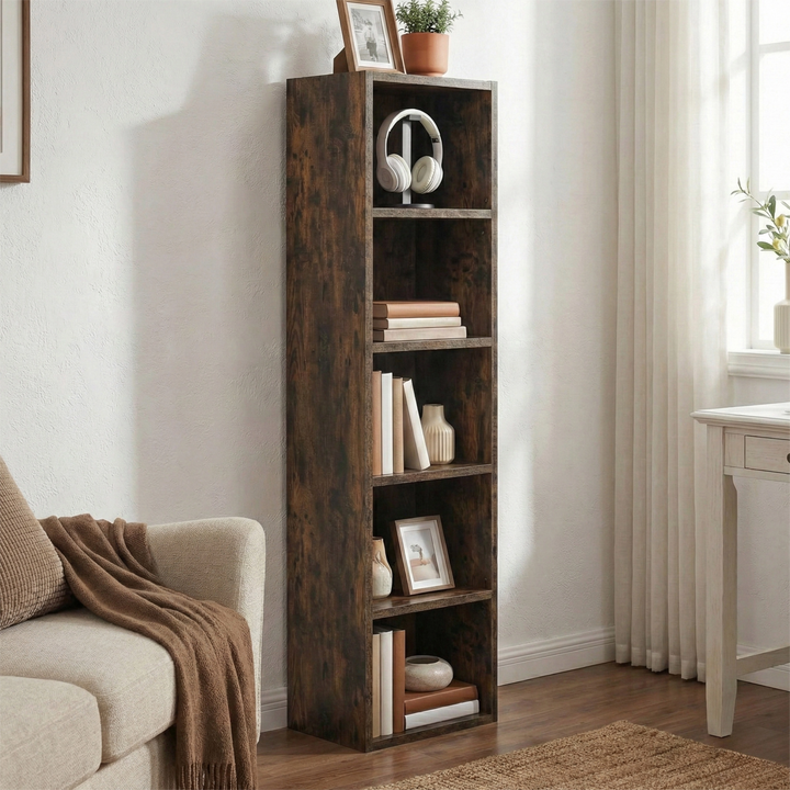 [5 Shelf | Rustic] three-quarter shot of five-cubby floor-to-eye rustic cube bookcase with enamel jug with dried wheat