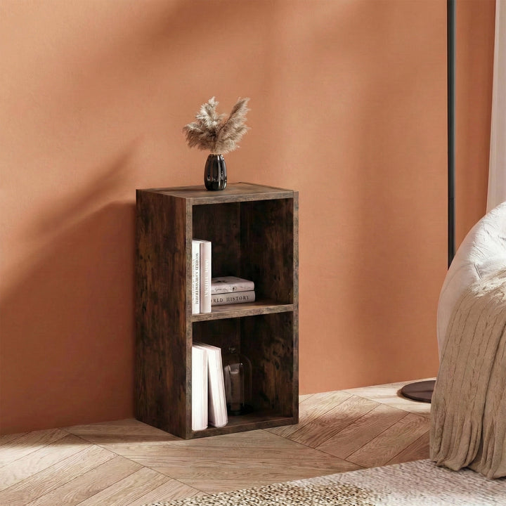 [2 Shelf | Rustic] lifestyle of rustic panel under-window short bookcase next to bed by terracotta clay rendered wall
