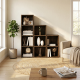 [4 Shelf | Rustic] grid of rustic-grain 106cm-tall tall cube bookcases as 3x3 shelving wall, farmhouse corner