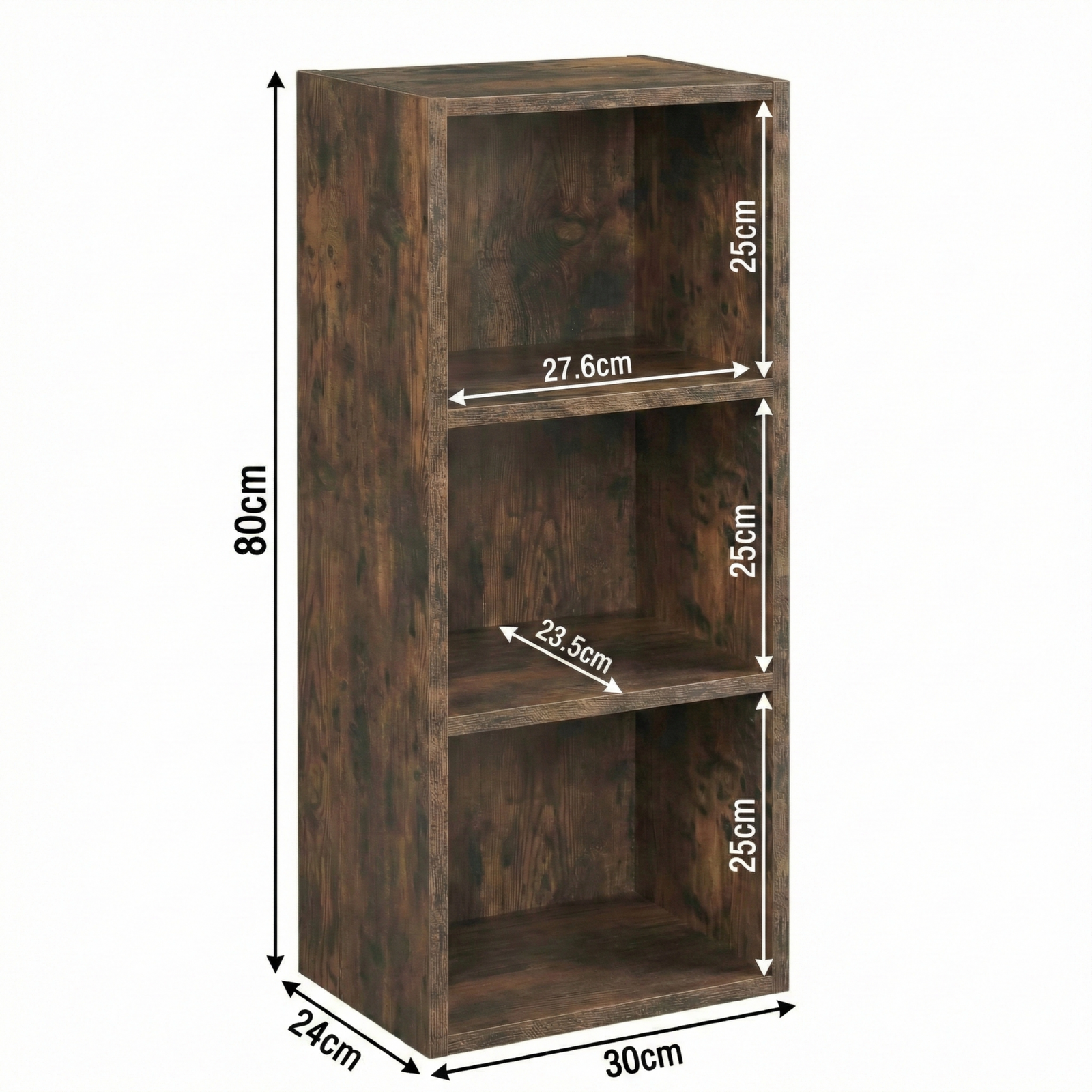 [3 Shelf | Rustic] schematic of three-cubby half-height rustic unit, 30 x 24 x 80 cm; pairs enamel jug with dried wheat
