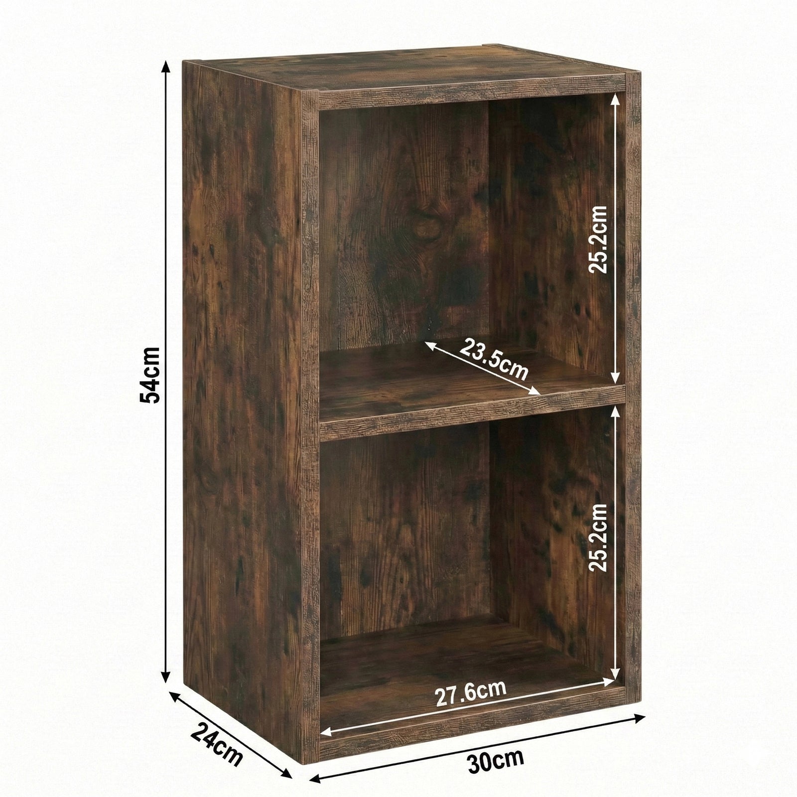 [2 Shelf | Rustic] diagram of rustic-grain 2-shelf bookcase, 30W x 24D x 54H cm; for farmhouse corner