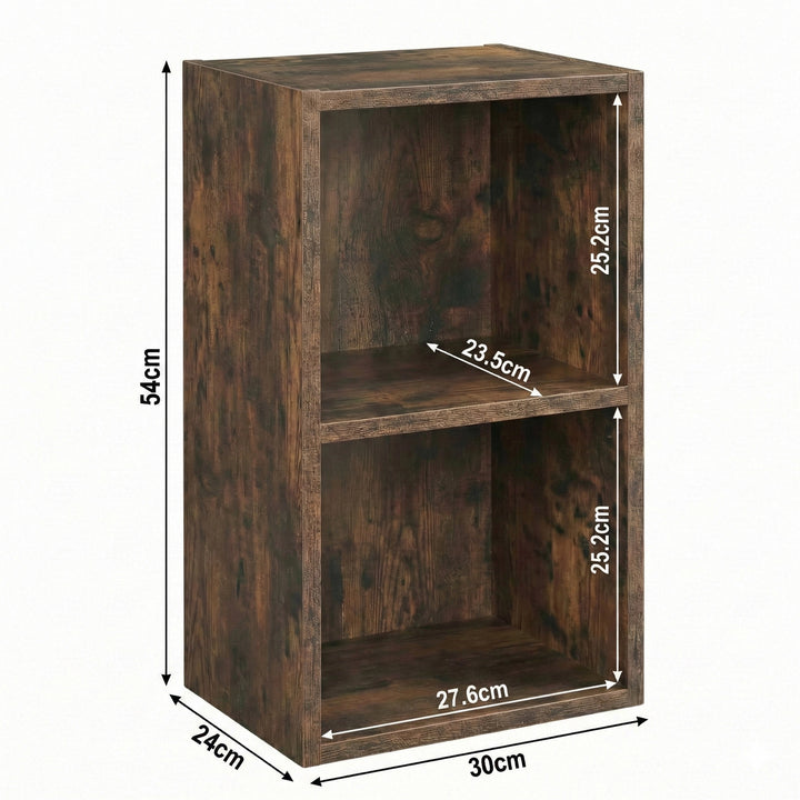 [2 Shelf | Rustic] diagram of rustic-grain 2-shelf bookcase, 30W x 24D x 54H cm; for farmhouse corner